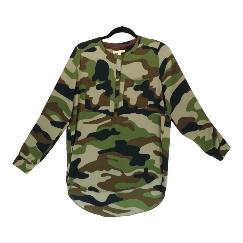 Gibson Latimer Women's Sz Small Tunic Roll Tab Sleeves Crew Neck Camo 1/4 Button